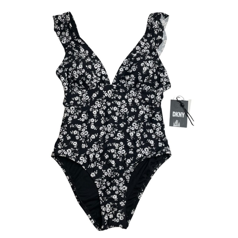 DKNY Ruffle Neck One-Piece Swimsuit Black White Floral Size 4 New - Picture 1 of 7